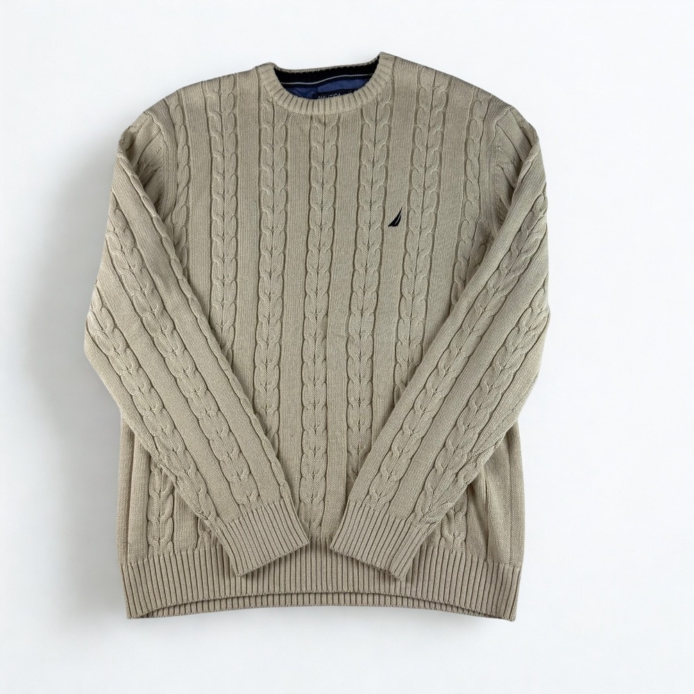 Nautica Men's Chunky Knit Sweater XXL Cable‎ Knit Beige Cotton Pullover Classic